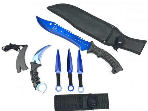 Falcon 5 Pieces Blue Hunting Set (Machete, Karambit, Throwing Knives.) KC840BL