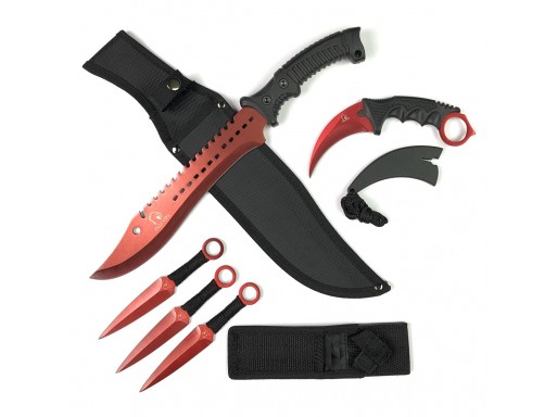Falcon 5 Pieces Red Hunting Set (Machete, Karambit, Throwing Knives) KC840RD