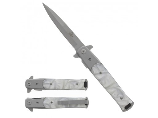 Falcon 8 3/4" Silver White Faux Marble Handle Spring Assisted Pocket Knife KS1107SL